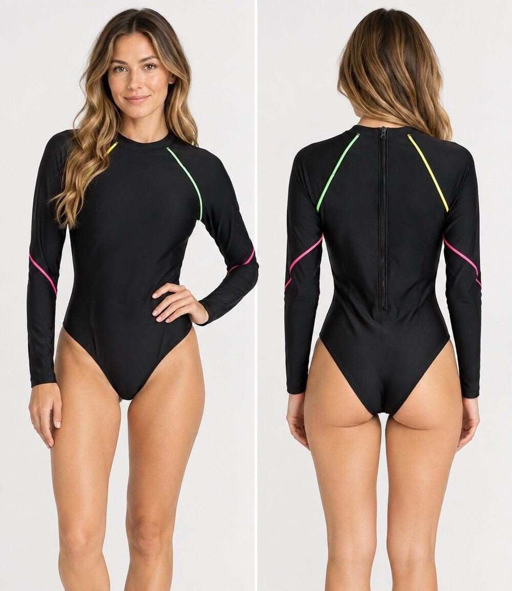 Hurley Women One Piece Beach Block Moderate Surf Suit Long Sleeve Black L NWT